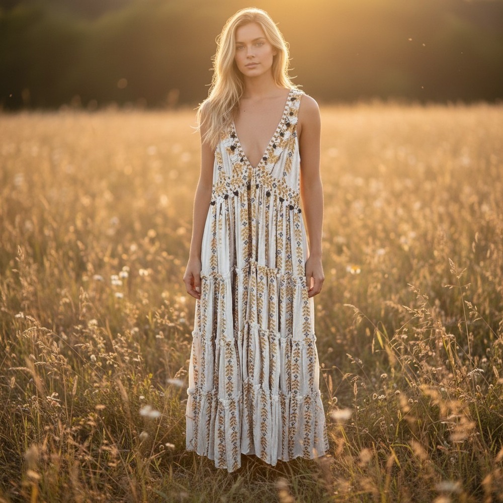 NWOT Authentic Dodo Bar Or Alicia Yellow White Tassel Bohemian Maxi Dress Medium